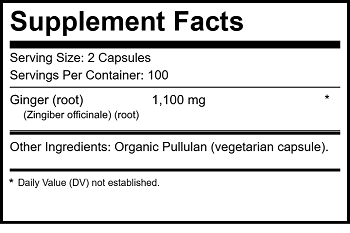 Organic Ginger Root Supplement Facts Label - Pure Organic Ginger Ingredients